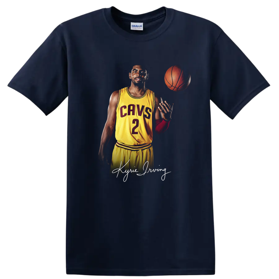 Kyrie Irving Cavaliers number 2 basketball portrait with floating ball and signature on a Navy (Blue) T Shirt
