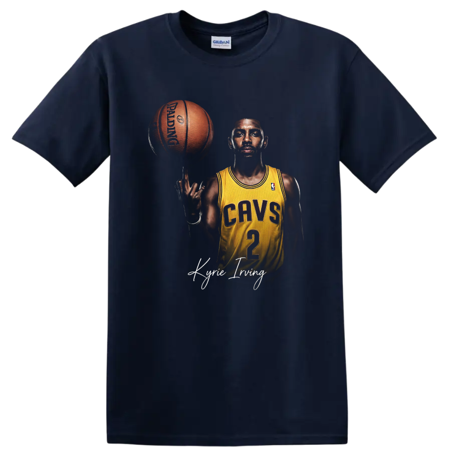Kyrie Irving Cleveland Cavaliers basketball portrait with spinning ball and signature on a Navy (Blue) T Shirt