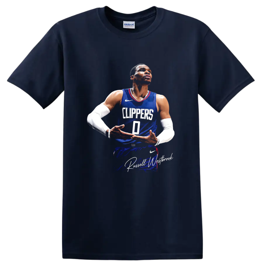Russell Westbrook in Clippers number 0 jersey with signature-style text on a Navy (Blue) T Shirt