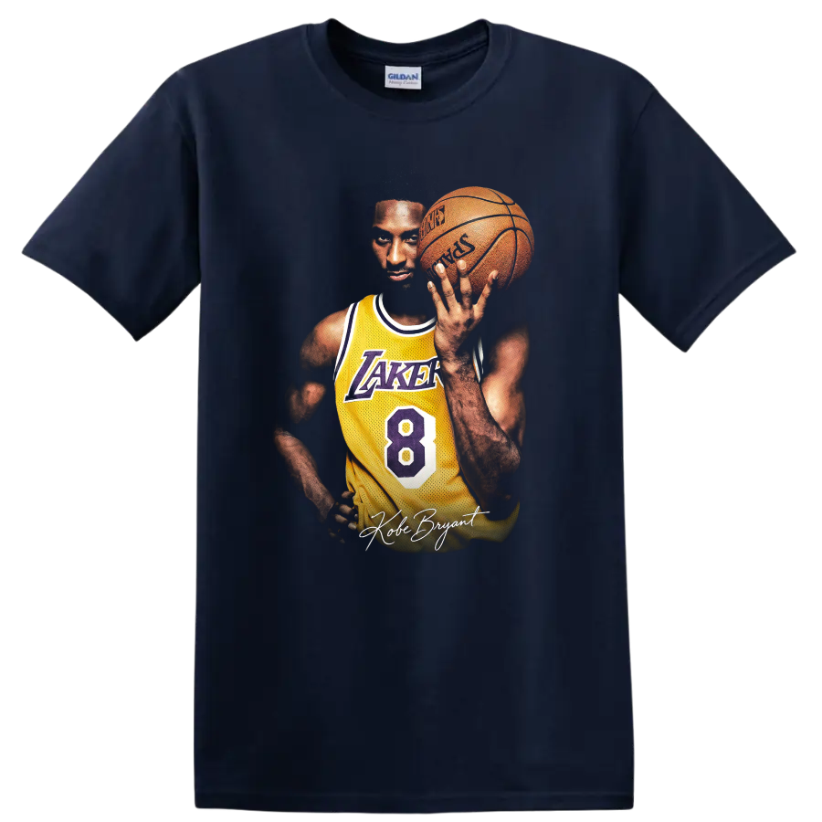 Kobe Bryant Lakers number 8 basketball portrait with signature script on a Navy (Blue) T Shirt