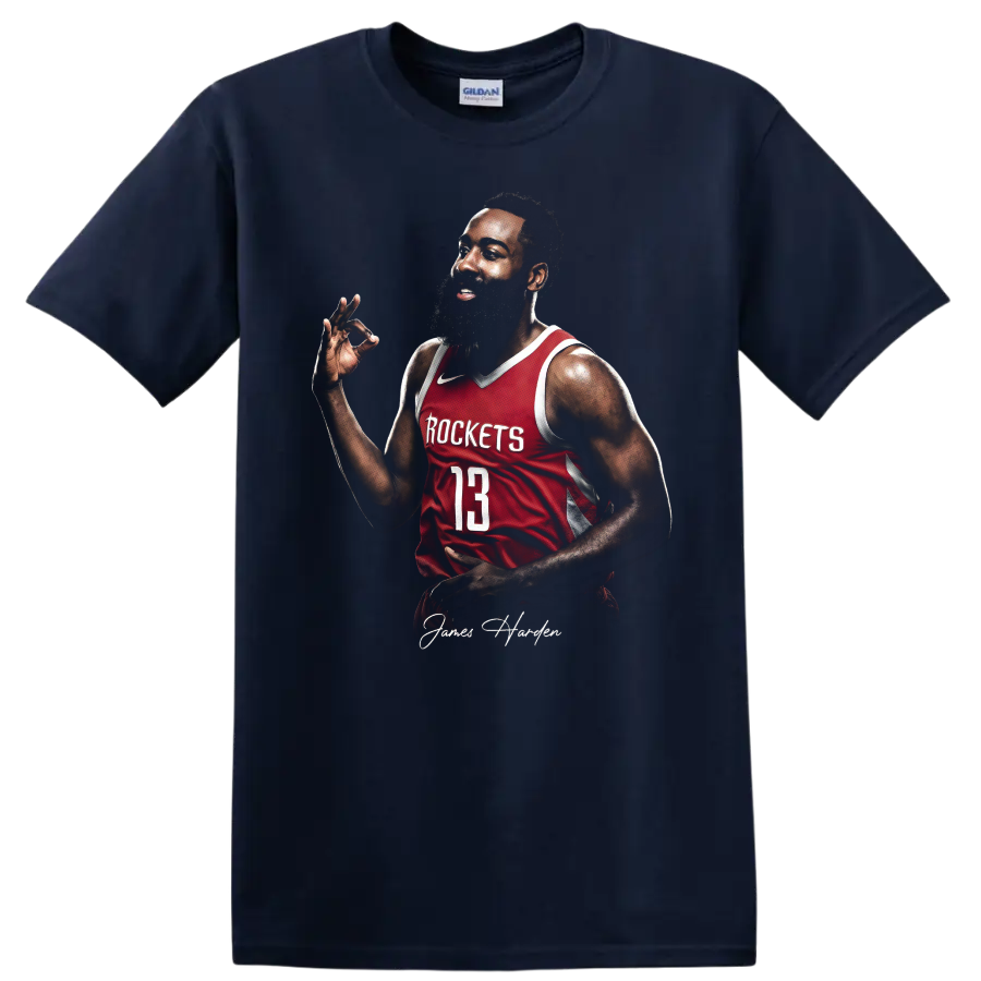 James Harden Houston Rockets number 13 basketball portrait with signature on a Navy (Blue) T Shirt