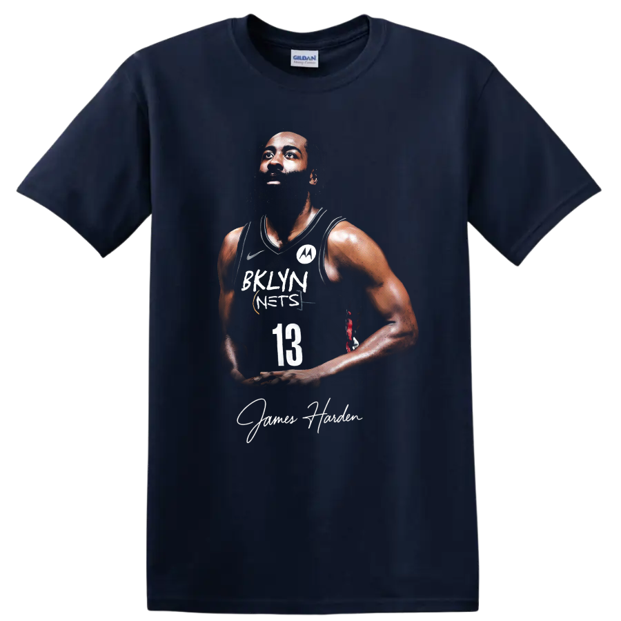 Kevin Durant Brooklyn Nets number 13 player portrait with signature-style name text on a Navy (Blue) T Shirt