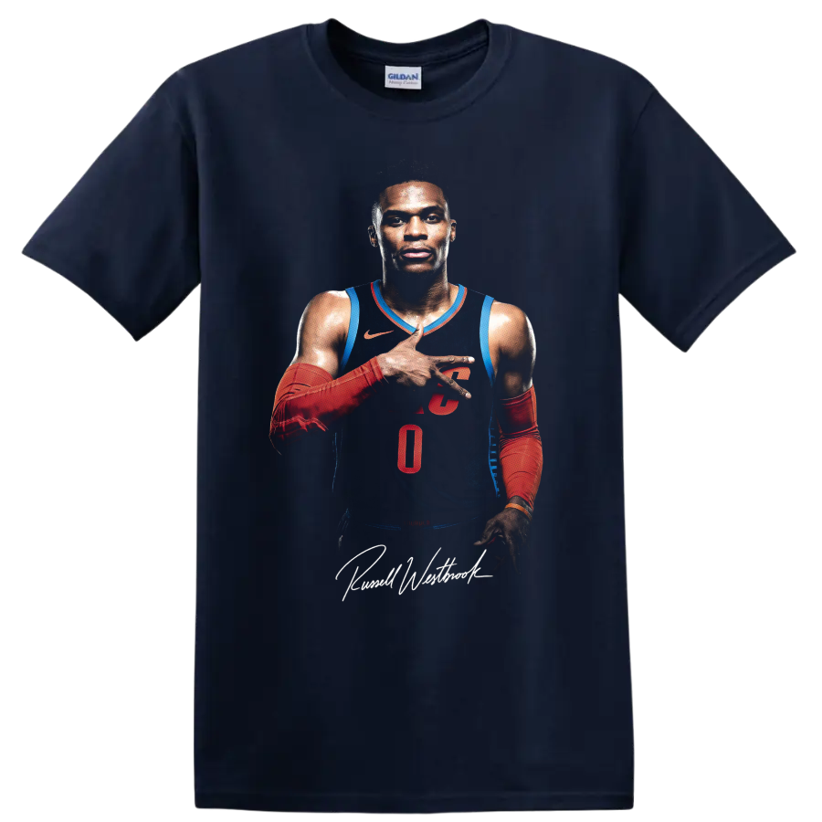 Russell Westbrook Oklahoma City Thunder number 0 basketball portrait with script signature on a Navy (Blue) T Shirt