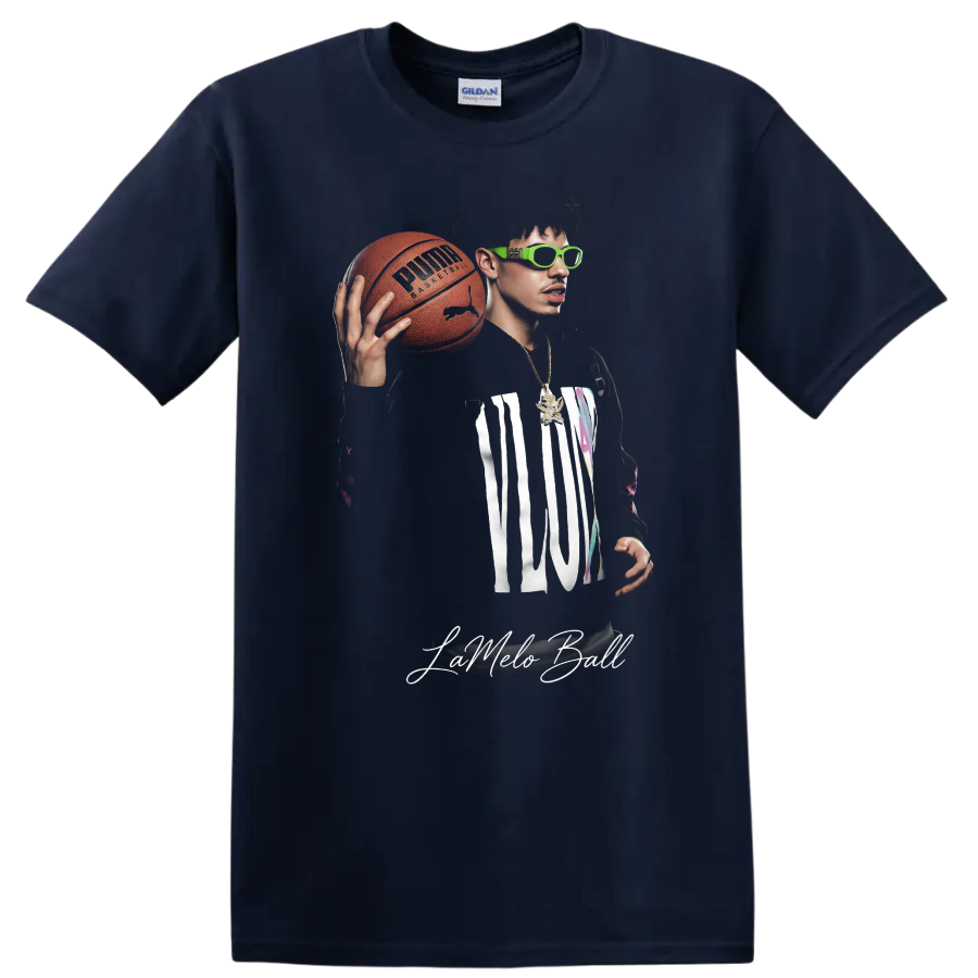 LaMelo Ball holding a basketball in neon green sunglasses with MELO lettering on a Navy (Blue) T Shirt