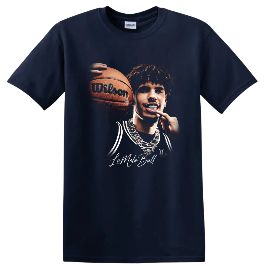 LaMelo Ball holding basketball in bold Charlotte Hornets portrait artwork on a Navy (Blue) T Shirt