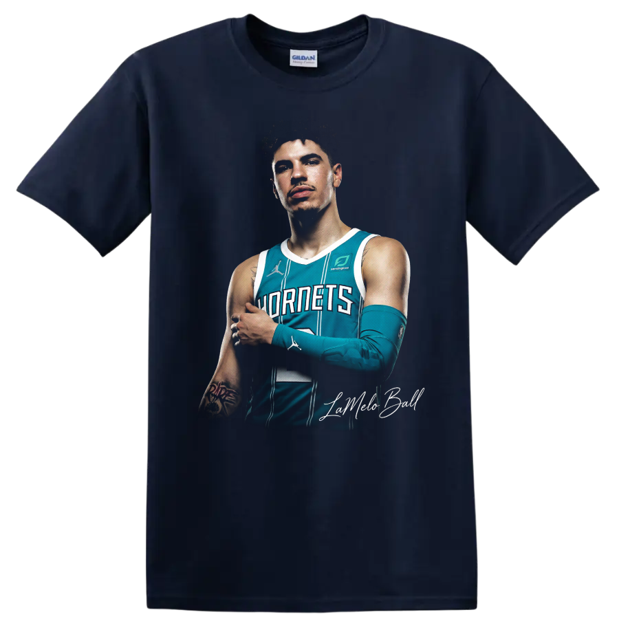 LaMelo Ball Charlotte Hornets teal jersey basketball portrait with script signature on a Navy (Blue) T Shirt