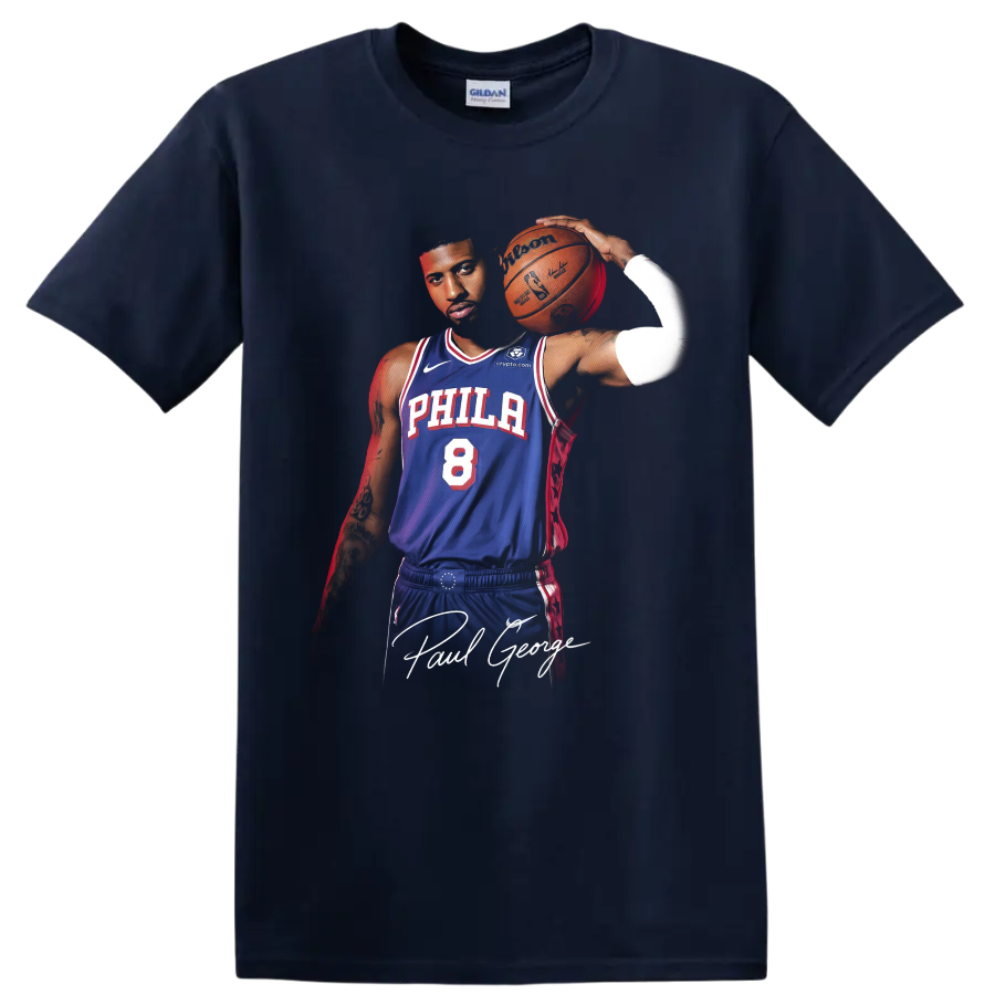 Paul George Philadelphia 76ers basketball portrait with blue number 8 uniform on a Navy (Blue) T Shirt