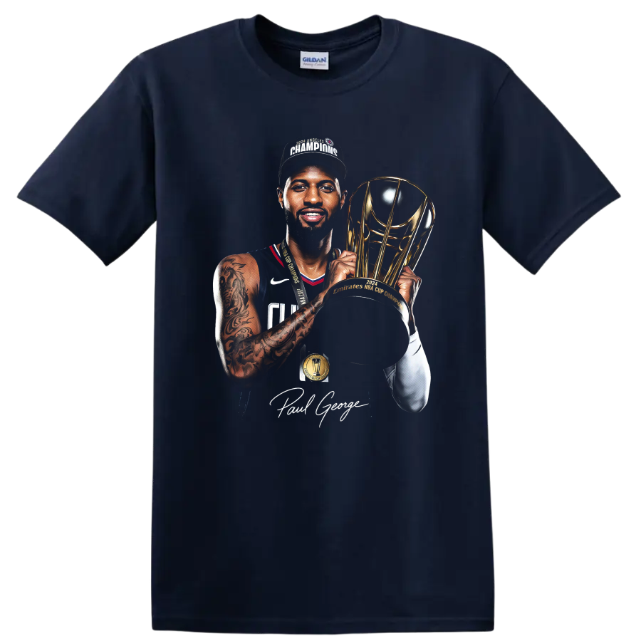 Chris Bosh Miami Heat basketball portrait with championship trophy and signature on a Navy (Blue) T Shirt
