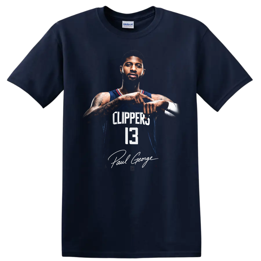 Paul George Los Angeles Clippers number 13 player portrait with signature-style text on a Navy (Blue) T Shirt