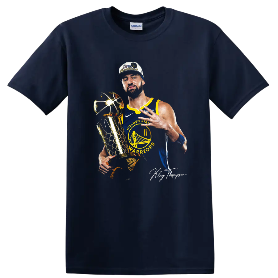 Andrew Wiggins Warriors championship trophy portrait with blue-and-gold uniform on a Navy (Blue) T Shirt