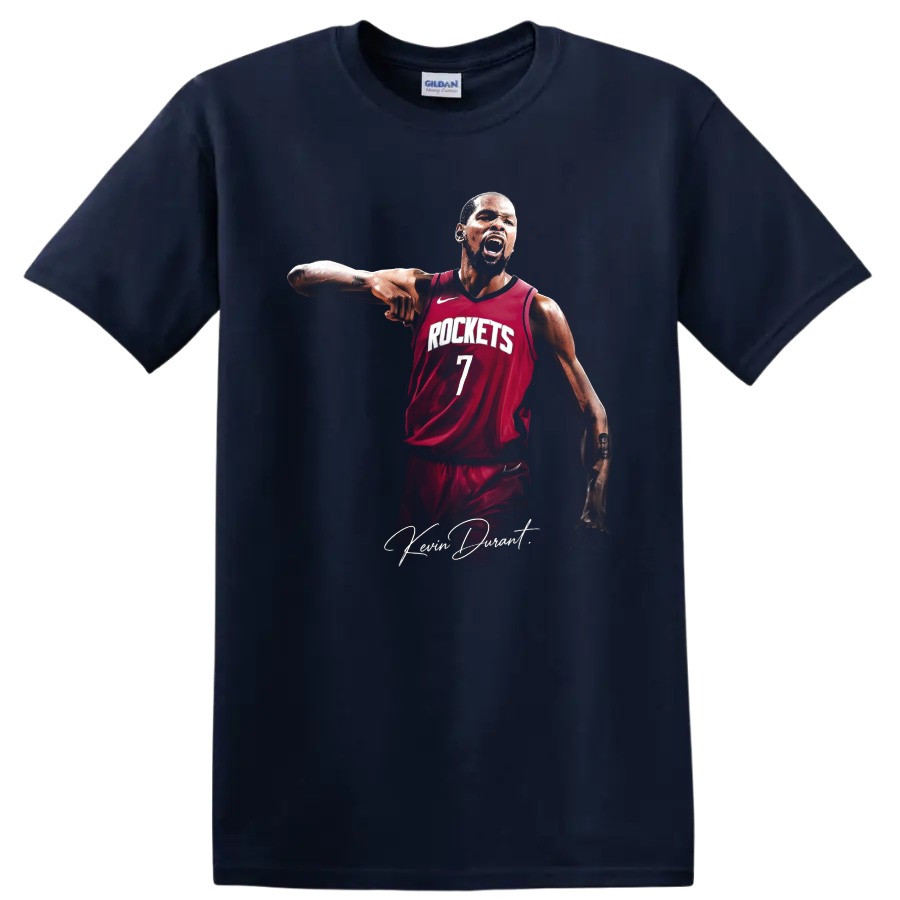 Kevin Durant Houston Rockets number 7 basketball portrait with signature script on a Navy (Blue) T Shirt