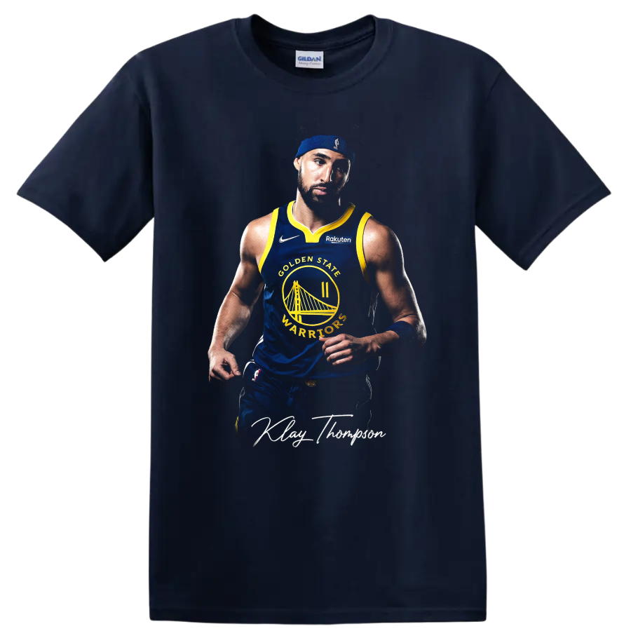 Stephen Curry Golden State Warriors number 30 basketball portrait with signature-style on a Navy (Blue) T Shirt