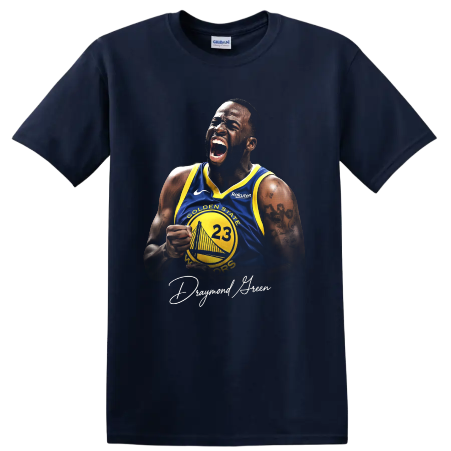 Draymond Green roaring in a blue and yellow Golden State Warriors number 23 jersey on a Navy (Blue) T Shirt