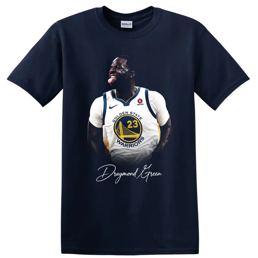 Draymond Green Golden State Warriors basketball portrait with white script signature on a Navy (Blue) T Shirt