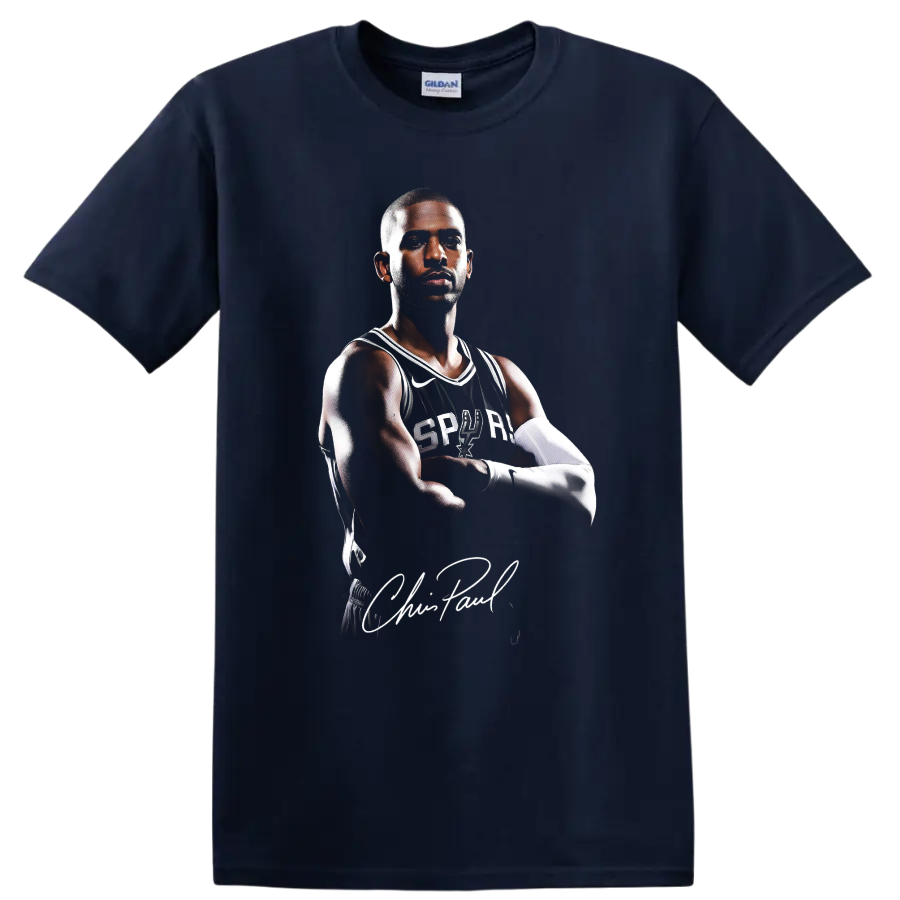 Chris Paul San Antonio Spurs basketball portrait with signature-style text on a Navy (Blue) T Shirt