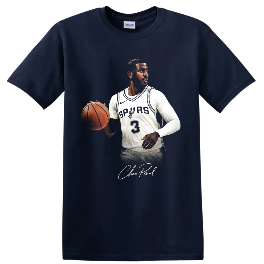 Chris Paul Spurs basketball action portrait with ball, number 3 jersey, and signature on a Navy (Blue) T Shirt