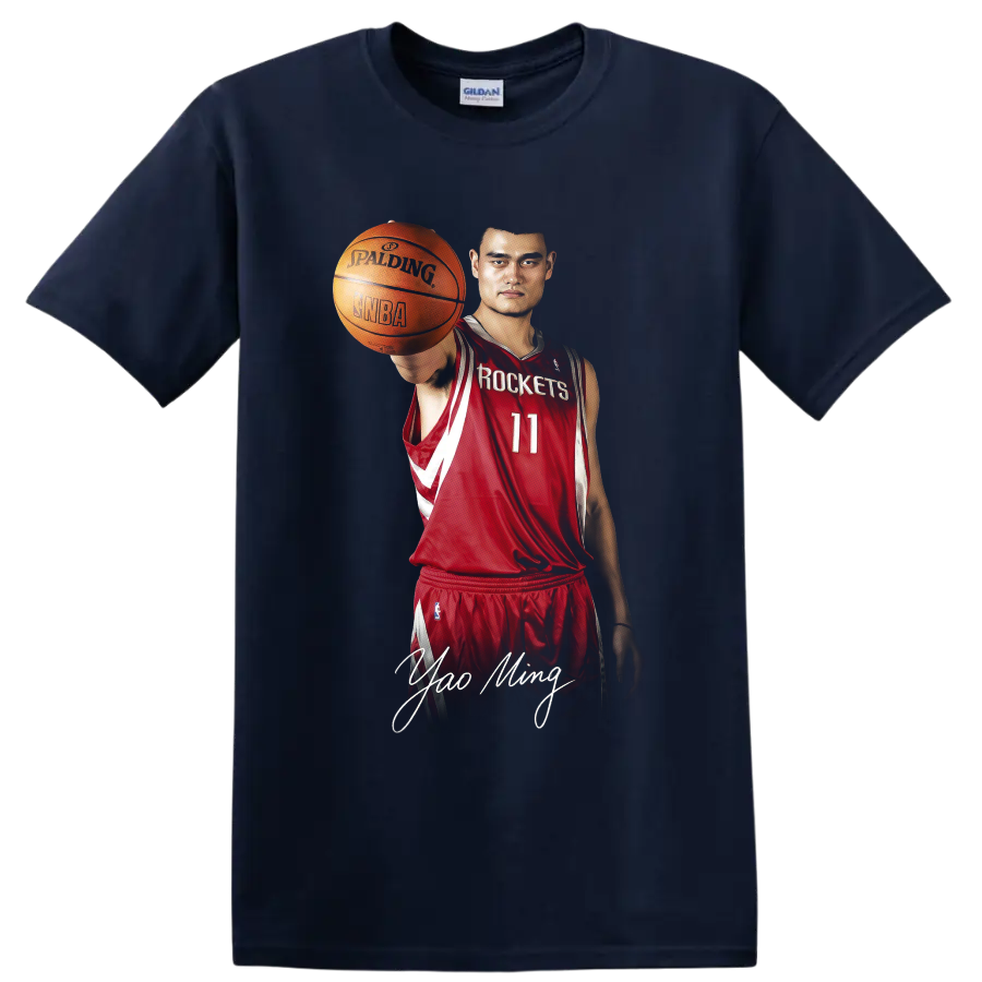 Yao Ming in Houston Rockets number 11 uniform holding basketball with signature on a Navy (Blue) T Shirt