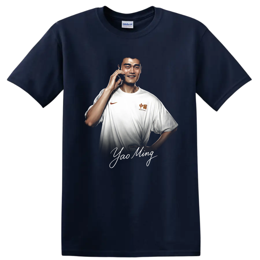 Yao Ming basketball portrait with signature-style lettering on a Navy (Blue) T Shirt