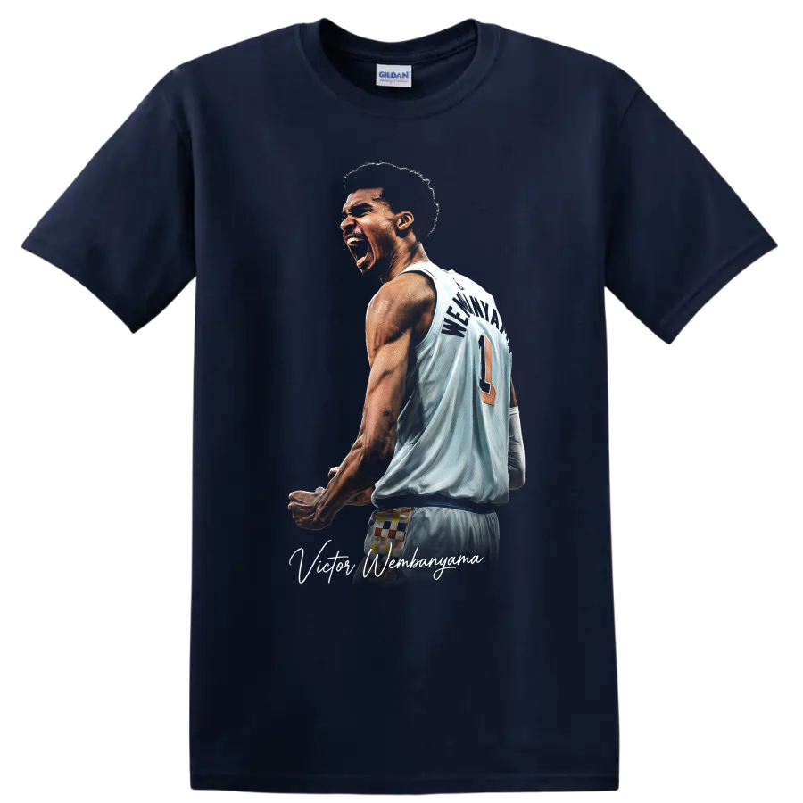 Victor Wembanyama Spurs jersey action portrait with script signature on a Navy (Blue) T Shirt