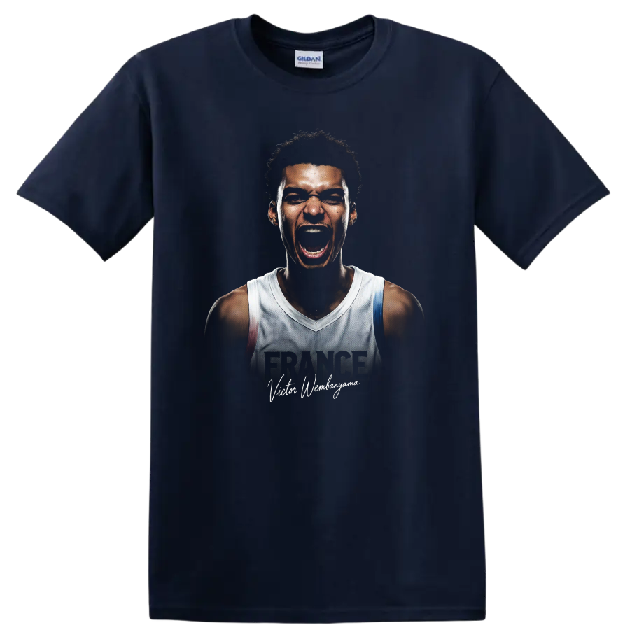 Victor Wembanyama intense basketball portrait with FRANCE text and signature lettering on a Navy (Blue) T Shirt