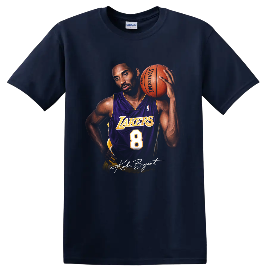 Kobe Bryant in Los Angeles Lakers number 8 jersey holding basketball, signature-style art on a Navy (Blue) T Shirt