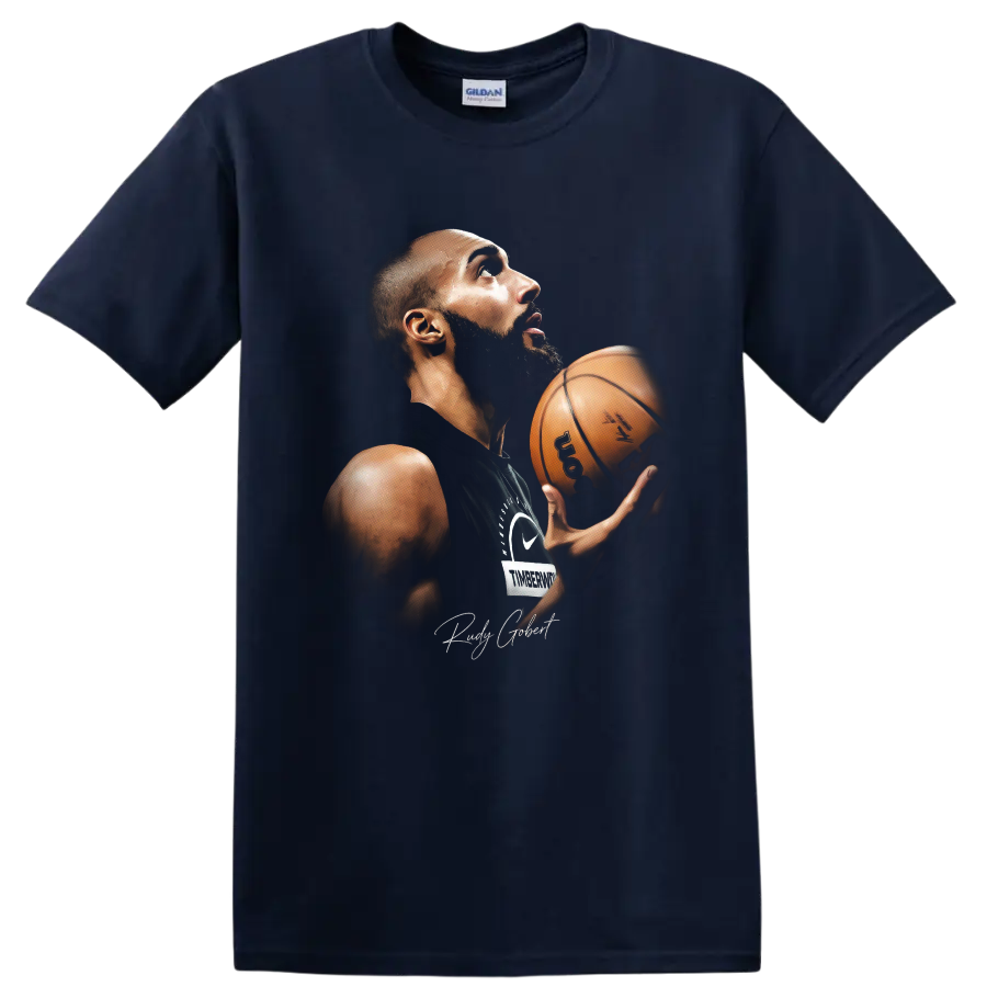 Anthony Edwards holding basketball in dramatic Minnesota Timberwolves portrait artwork on a Navy (Blue) T Shirt