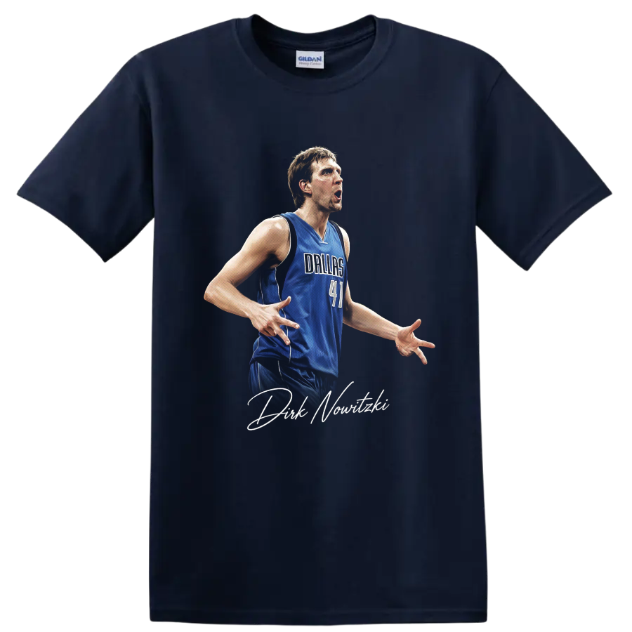 Dirk Nowitzki Dallas Mavericks number 41 player portrait with signature script on a Navy (Blue) T Shirt