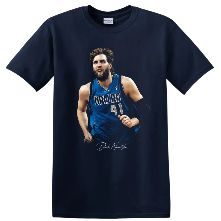 Dirk Nowitzki in Dallas Mavericks number 41 jersey with signature-style graphic on a Navy (Blue) T Shirt