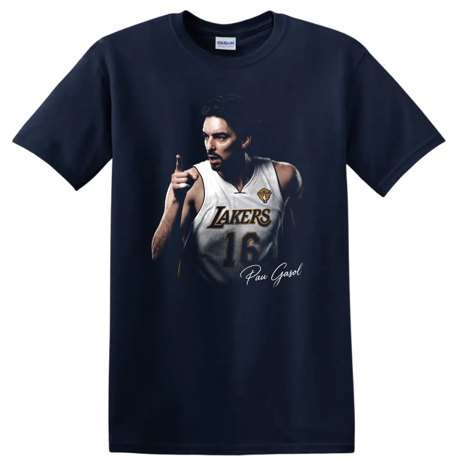 Pau Gasol Los Angeles Lakers number 16 basketball portrait with signature on a Navy (Blue) T Shirt