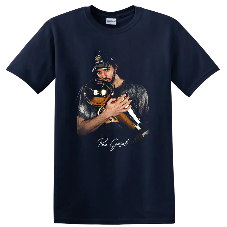 Pau Gasol holding a championship trophy in dramatic Lakers portrait artwork on a Navy (Blue) T Shirt
