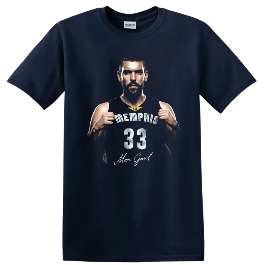 Marc Gasol Memphis Grizzlies number 33 basketball portrait with signature-style text on a Navy (Blue) T Shirt