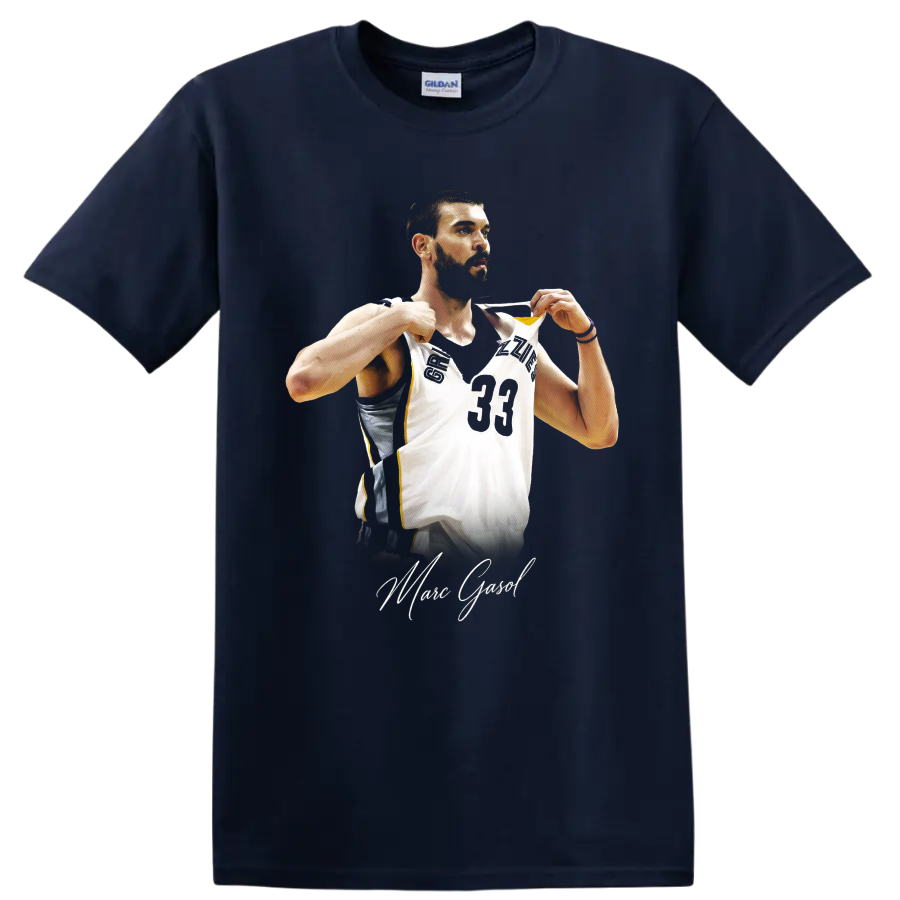 Marc Gasol in Memphis Grizzlies number 33 jersey with signature-style lettering on a Navy (Blue) T Shirt