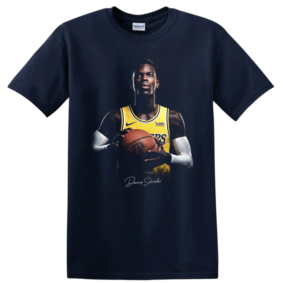 Dennis Schröder Lakers basketball portrait holding a ball with signature-style script on a Navy (Blue) T Shirt