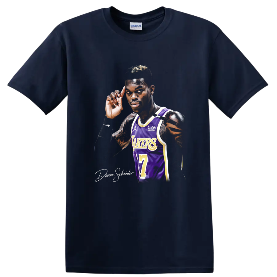 Dennis Schröder Lakers number 17 basketball player portrait in purple and gold jersey on a Navy (Blue) T Shirt