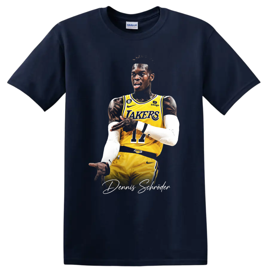 Dennis Schröder Lakers player action portrait with signature-style lettering on a Navy (Blue) T Shirt