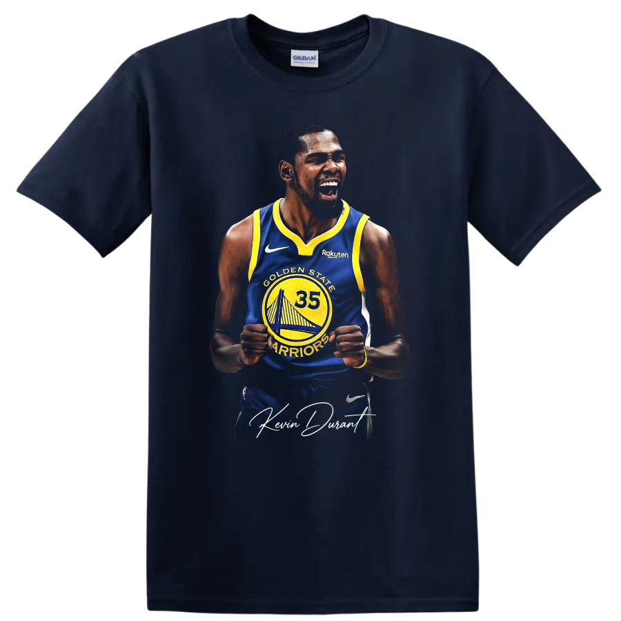 Kevin Durant Golden State Warriors number 35 celebration graphic with signature script on a Navy (Blue) T Shirt