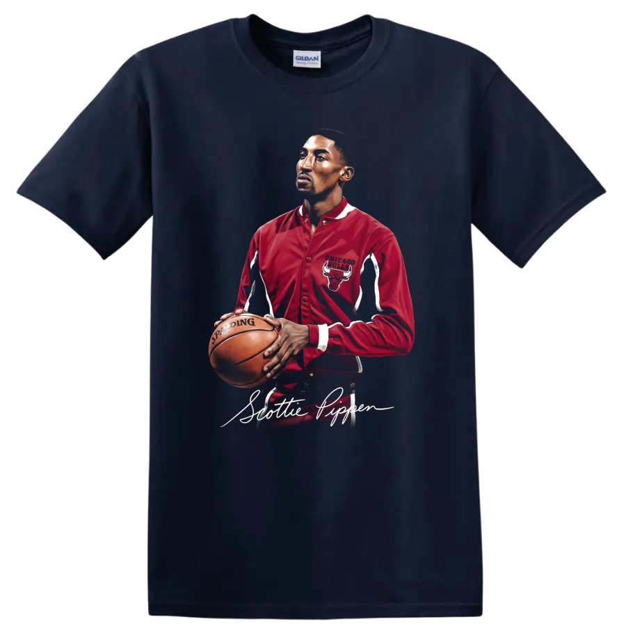 Scottie Pippen Chicago Bulls portrait holding basketball in red jacket with script name on a Navy (Blue) T Shirt