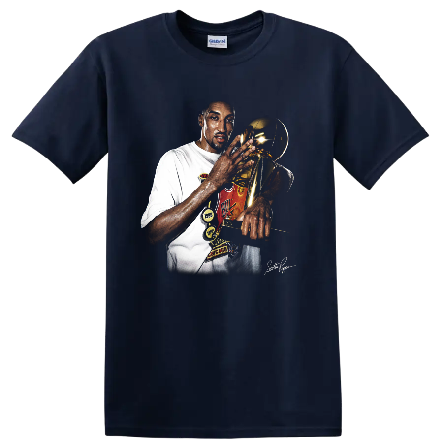 Scottie Pippen holding championship trophy in dramatic Chicago Bulls portrait on a Navy (Blue) T Shirt
