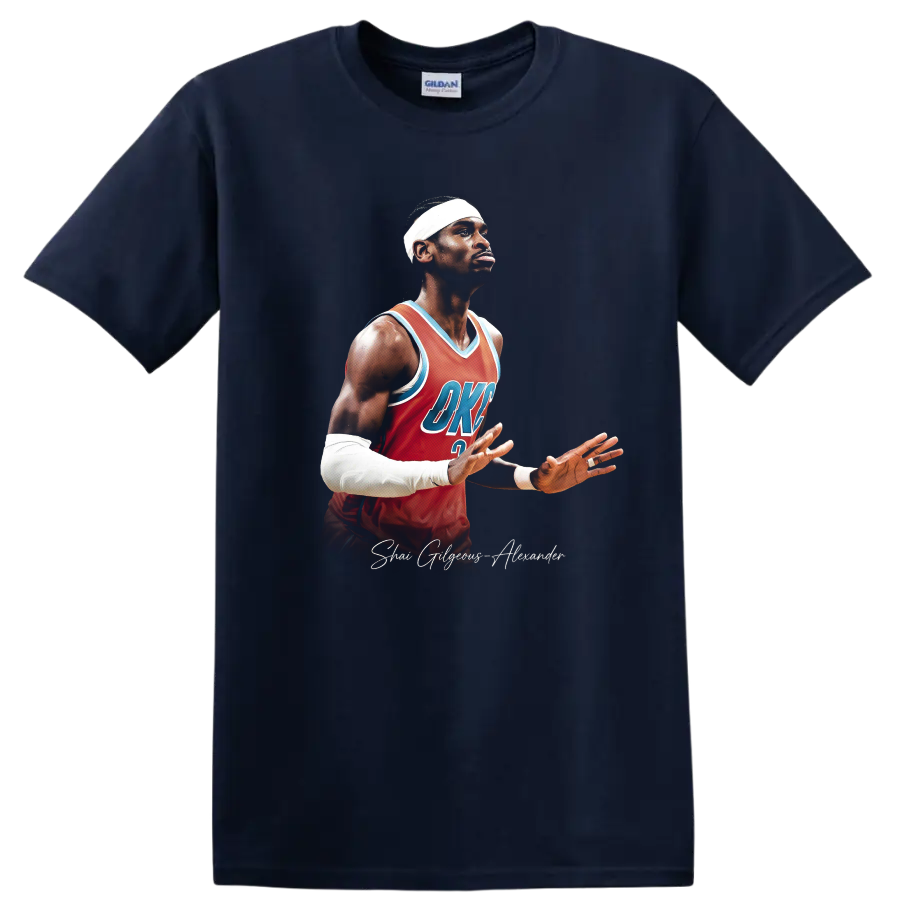 Shai Gilgeous-Alexander basketball portrait in red Thunder jersey with script signature on a Navy (Blue) T Shirt