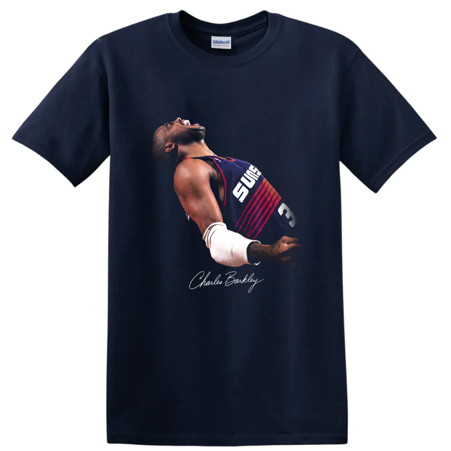 Charles Barkley Phoenix Suns number 34 basketball celebration portrait with signature on a Navy (Blue) T Shirt