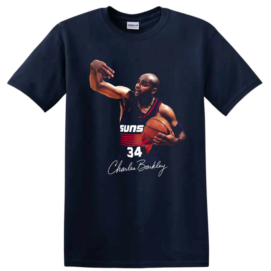 Charles Barkley Phoenix Suns number 34 basketball action illustration with signature on a Navy (Blue) T Shirt