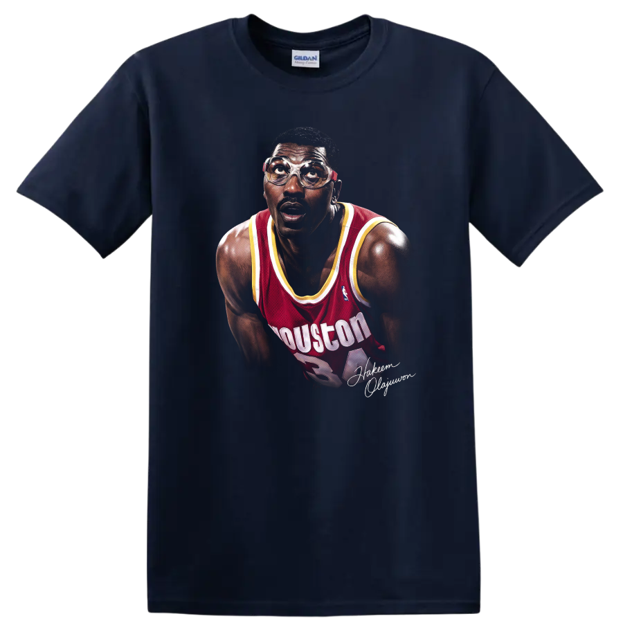 Hakeem Olajuwon Houston Rockets portrait in red jersey and protective goggles on a Navy (Blue) T Shirt