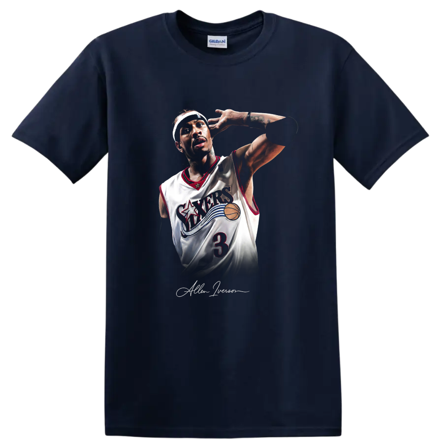 Allen Iverson in Philadelphia 76ers number 3 jersey retro basketball portrait on a Navy (Blue) T Shirt