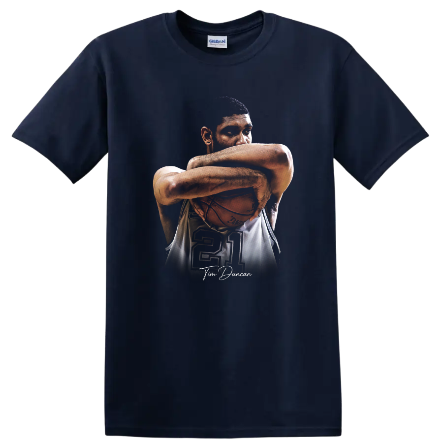 Tim Duncan portrait cradling basketball with number 21 and signature-style script on a Navy (Blue) T Shirt