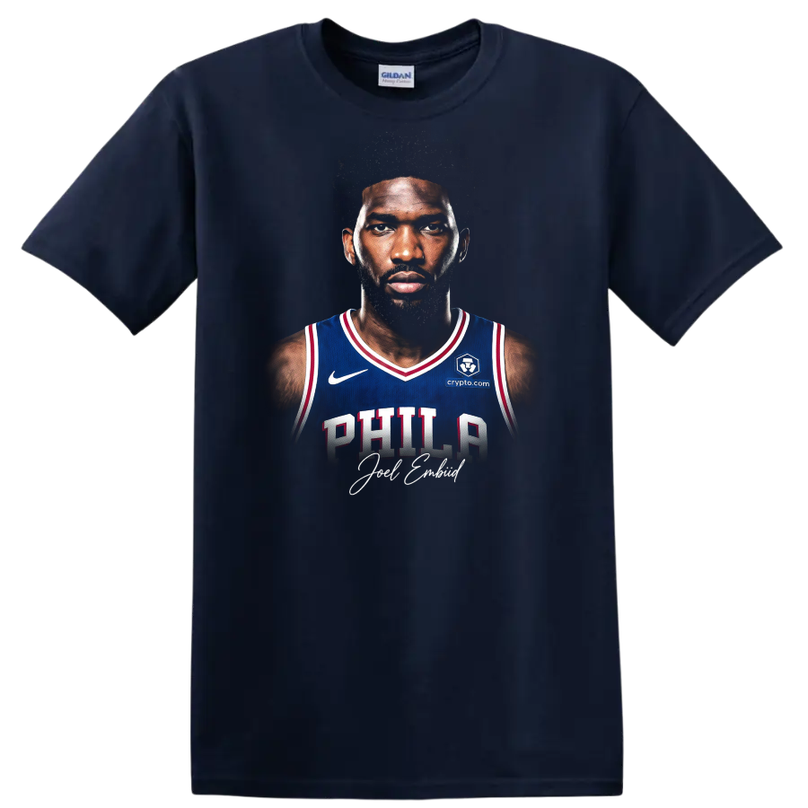 Caleb Martin Philadelphia 76ers basketball portrait with distressed graphic backdrop on a Navy (Blue) T Shirt