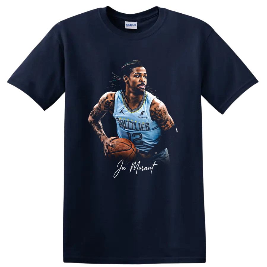 Ja Morant Memphis Grizzlies basketball portrait with number 12 jersey and signature text on a Navy (Blue) T Shirt