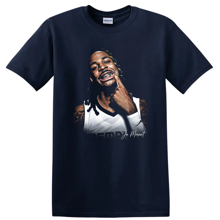 Ja Morant Memphis Grizzlies basketball portrait with gold grill and signature lettering on a Navy (Blue) T Shirt