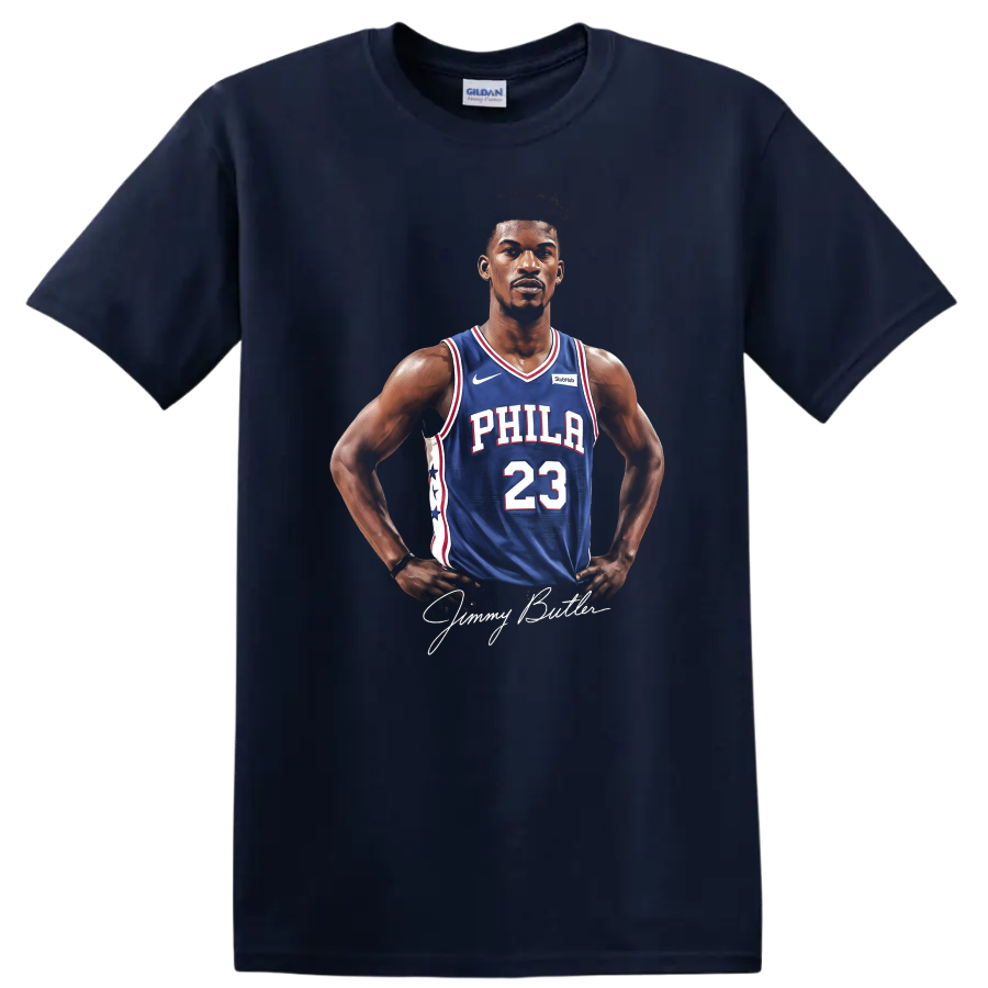 Jimmy Butler portrait in Philadelphia 76ers number 23 jersey with signature on a Navy (Blue) T Shirt