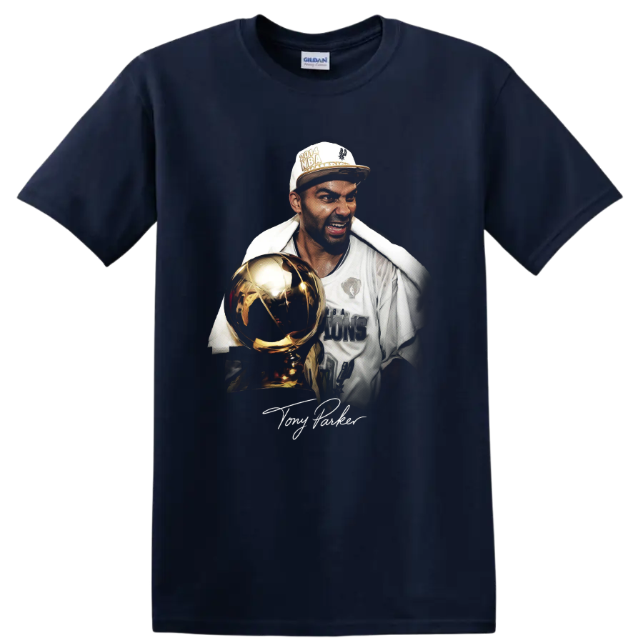 Tony Parker championship trophy portrait with 2014 cap and signature on a Navy (Blue) T Shirt