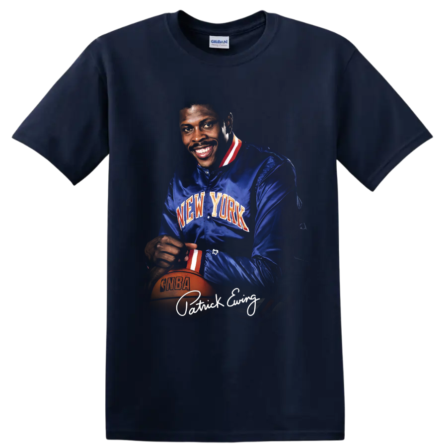 Patrick Ewing New York Knicks vintage portrait with basketball and signature-style text on a Navy (Blue) T Shirt